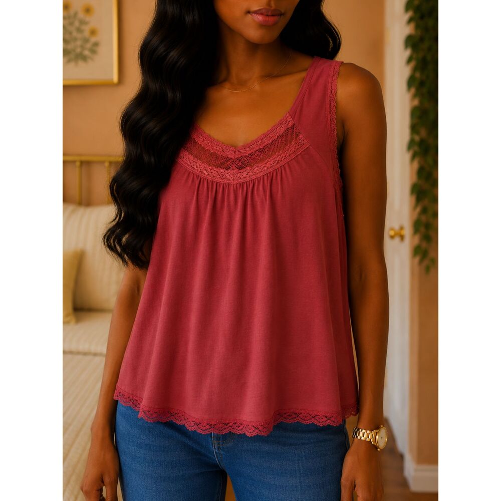 American Rag Autumn Orange Lace Trim Babydoll Tank Top Blouse Size M Boho